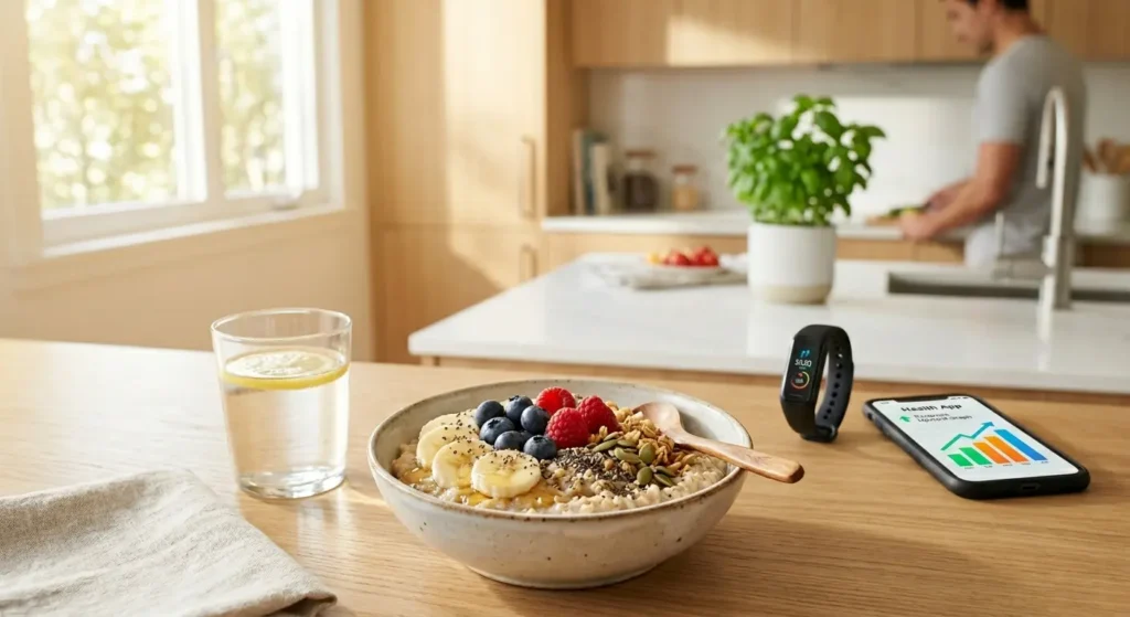 A healthy bowl of oatmeal with fruit on a kitchen counter next to a fitness tracker, symbolizing a clean transition to higher calories.