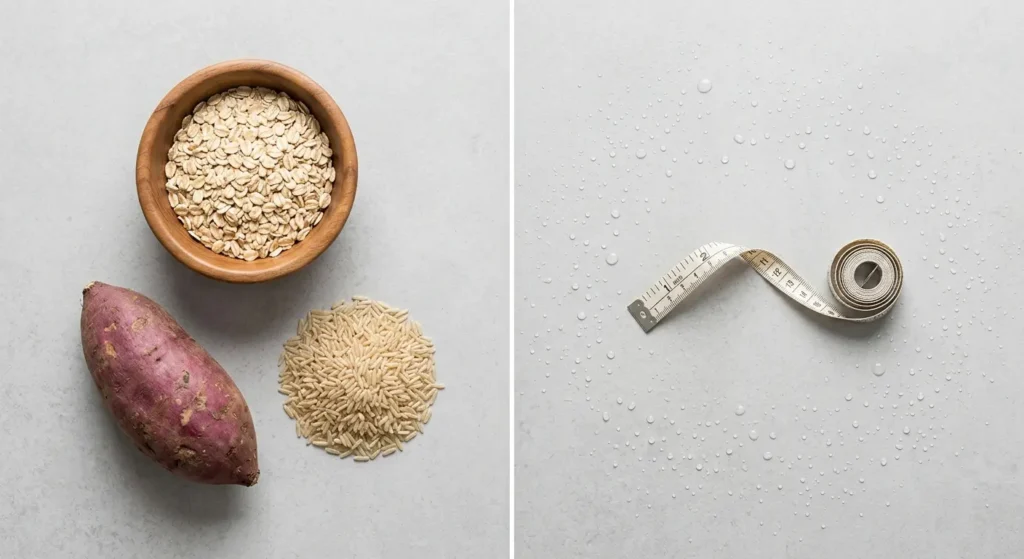 A flat lay comparison of complex carbohydrates like oats and sweet potatoes used for refuelling during a reverse diet.
