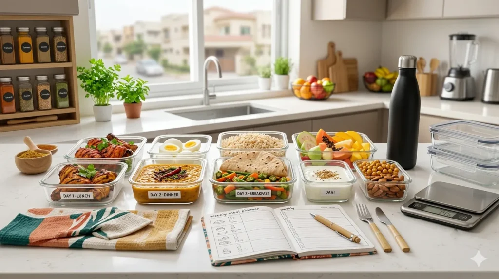 Weekly meal prep with healthy Pakistani and Indian foods for a calorie-controlled diet plan.