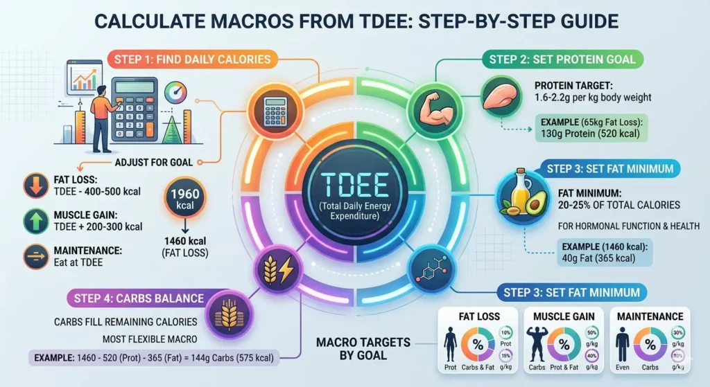 An infographic titled "Calculate Macros from TDEE: Step-by-Step Guide." The image breaks down macro calculations into a cycle centered on "TDEE." Four steps are detailed in panels: Step 1 (Calculate Daily Calories, with examples for fat loss/muscle gain), Step 2 (Set Protein Goal, 1.6-2.2g/kg), Step 3 (Set Fat Minimum, 20-25%), and Step 4 (Carbs Balance, filling the remaining calories). The bottom of the image includes a summary of optimal macro percentages for different goals: Fat Loss, Muscle Gain, and Maintenance. The design is modern, digital, and uses a clean blue, green, and orange color scheme.