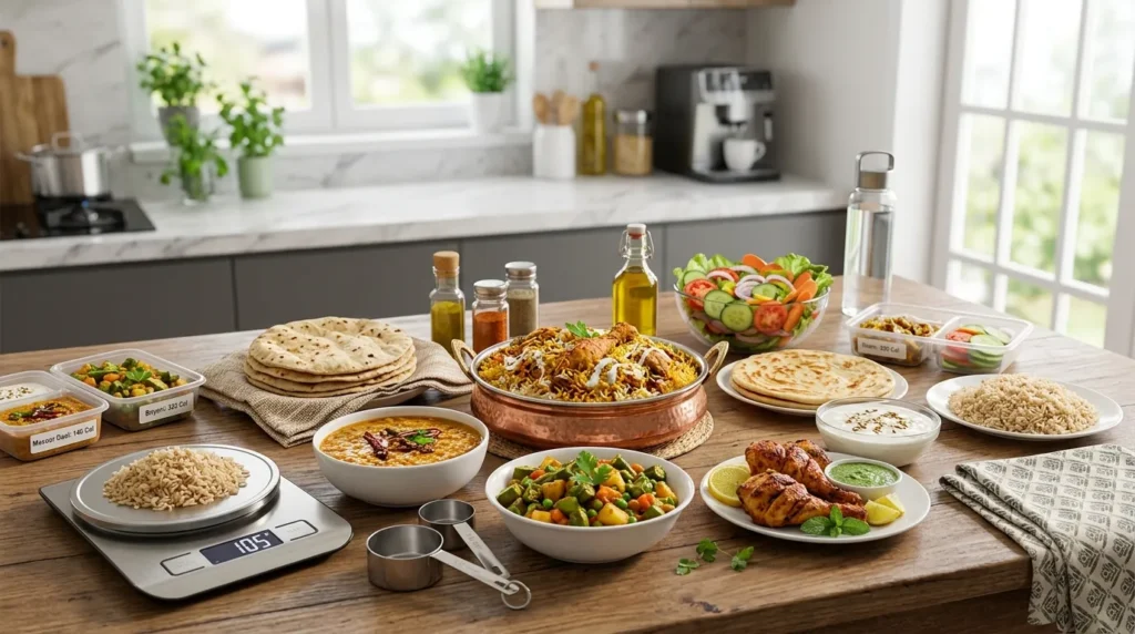 Healthy Pakistani and Indian foods including roti, biryani, daal, and yogurt displayed for calorie comparison.
