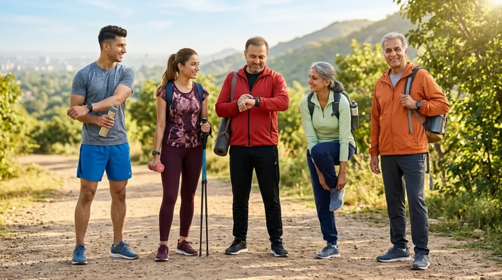 Healthy adults in their 20s through 60s representing changing calorie needs with age.