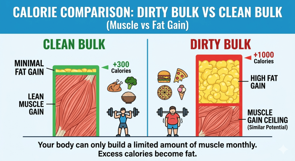 A comparison chart contrasting a dirty bulk calorie surplus with a clean bulk calorie surplus, showing how excessive calories lead to high fat storage instead of extra muscle growth.