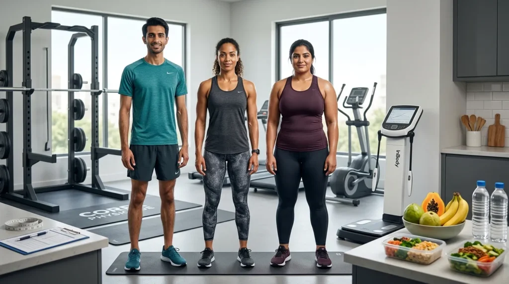 Comparison of ectomorph, mesomorph, and endomorph body types in a modern fitness studio.