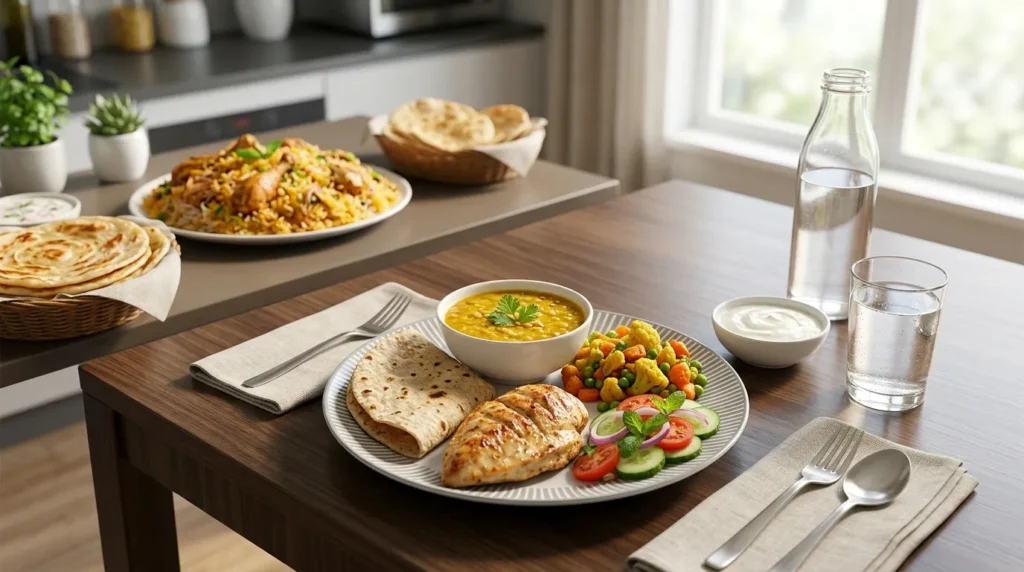 Balanced Pakistani weight-loss meal with roti, chicken, daal, vegetables, and yogurt.