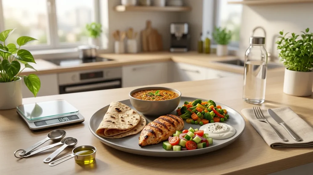 Balanced meal with whole wheat rotis, chicken, vegetables, and healthy portion sizes for weight loss.