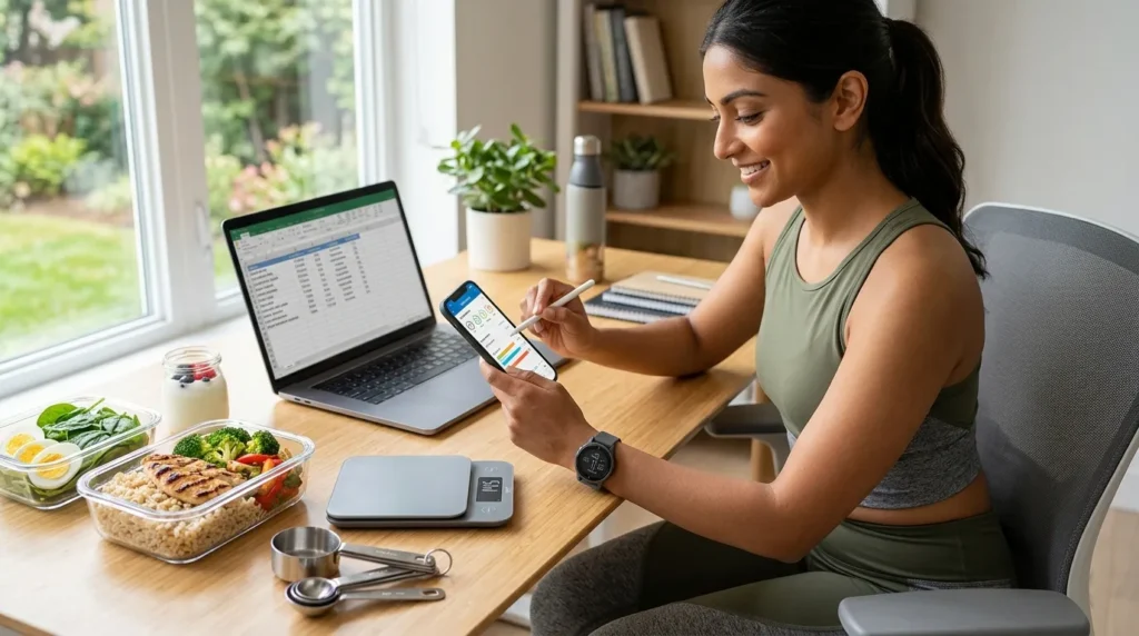 Person tracking calories and macronutrients with healthy meal prep and a food scale.