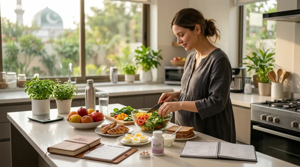 Healthy pregnant woman preparing a balanced meal to meet daily calorie and nutrition needs.