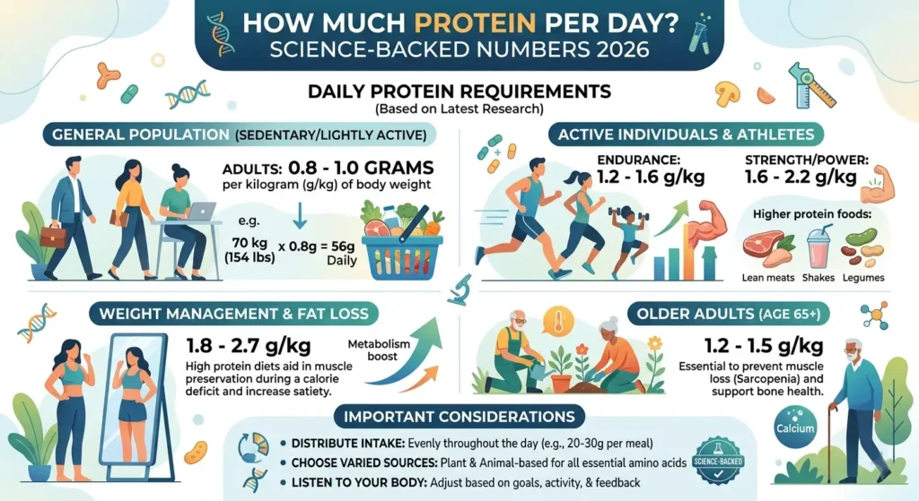An informative infographic titled "How Much Protein Per Day? Science-Backed Numbers 2026," detailing daily protein intake recommendations in grams per kilogram (g/kg) across four main categories: General Population ($0.8 - 1.0\text{ g/kg}$), Active Individuals & Athletes ($1.2 - 2.2\text{ g/kg}$), Weight Management ($1.8 - 2.7\text{ g/kg}$), and Older Adults ($1.2 - 1.5\text{ g/kg}$), complete with illustrative icons and practical tips.