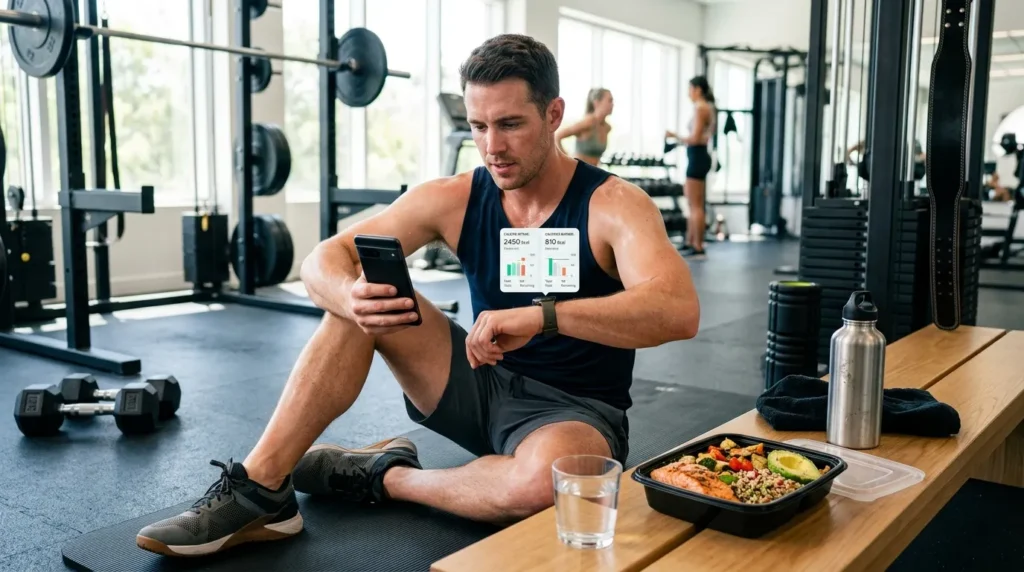 Athlete checking calorie tracking app after a gym workout while preparing healthy meals.