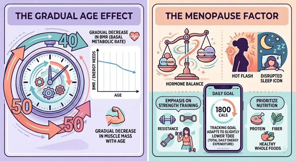 A comparative infographic in a clean digital illustrative style, split into two panels with a soft lavender and coral color palette. The left panel, titled "THE GRADUAL AGE EFFECT," features a large stopwatch and a downward trending line graph showing decreasing BMR (Basal Metabolic Rate) and muscle mass as age progresses. The right panel, titled "THE MENOPAUSE FACTOR," illustrates an unbalanced hormone scale, icons for hot flashes and sleep disruption, and a smartphone displaying a daily goal of 1800 CALS. Sub-sections on the phone panel recommend "EMPHASIS ON STRENGTH TRAINING" with icons for weights, and "PRIORITIZE NUTRITION" with icons for protein, fiber, and whole foods. The entire image provides a comprehensive guide for women over 40 and 50.
