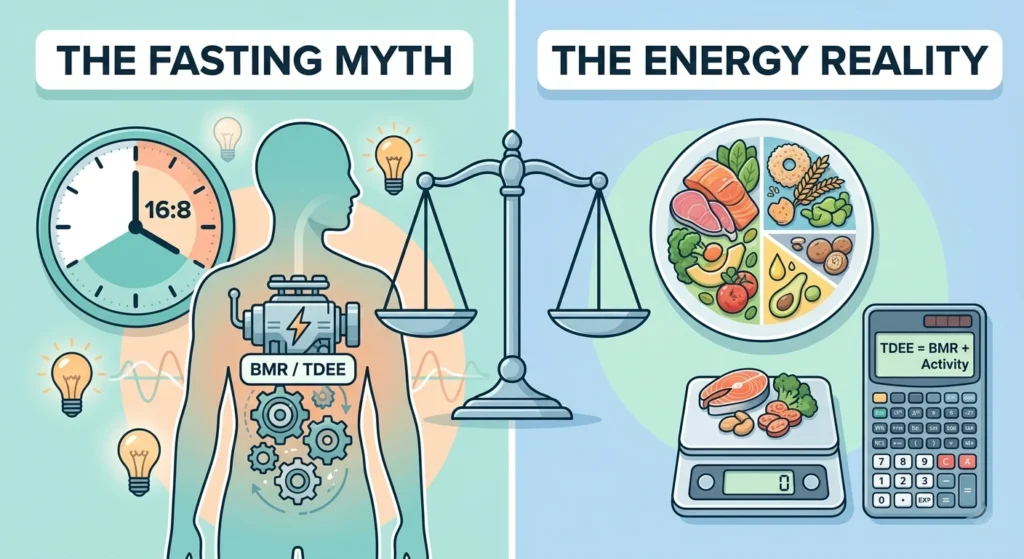 A split-screen digital illustration titled 'The Fasting Myth' on the left and 'The Energy Reality' on the right. The left side shows a human figure with internal engine gears, a clock set to 16:8 intermittent fasting, and lightbulbs, symbolizing metabolic theories. The right side shows a balanced plate of food, a weighing scale, and a calculator displaying the formula TDEE = BMR + Activity, emphasizing calorie tracking. A large balancing scale sits in the center between the two panels.