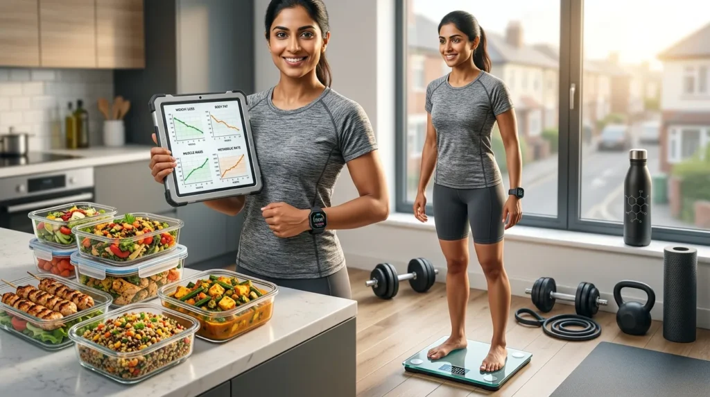 Person monitoring weight loss progress while tracking metabolism and healthy habits.