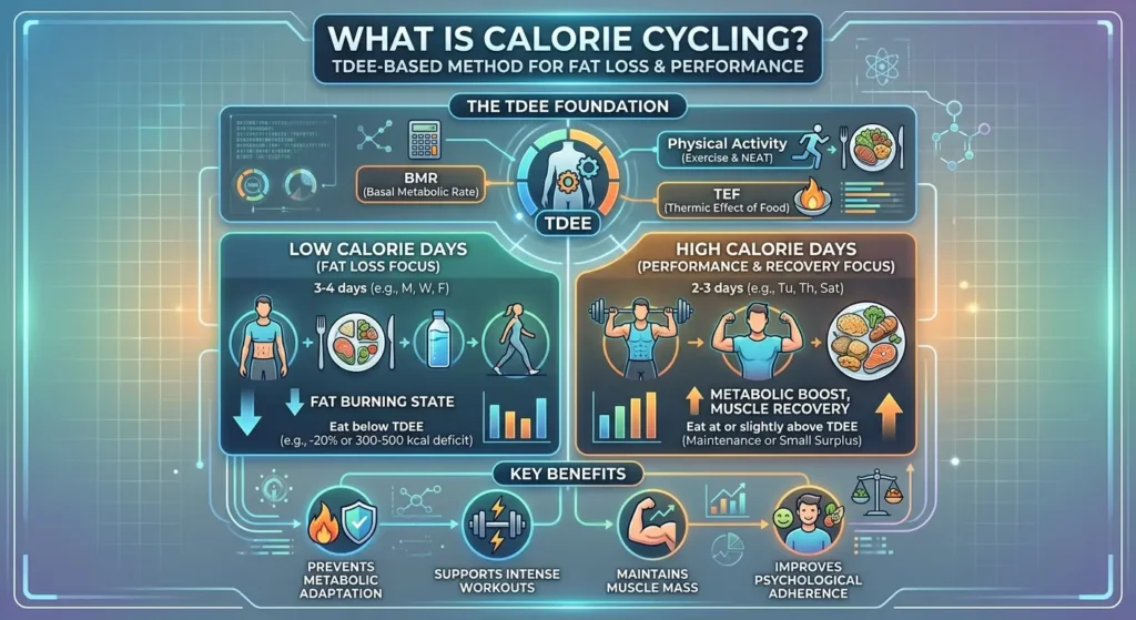 A detailed infographic titled "What Is Calorie Cycling? TDEE-Based Method for Fat Loss & Performance."