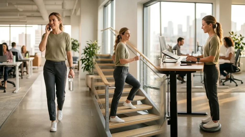 Healthy office worker increasing daily calorie burn through walking, standing, and other non-exercise activities.