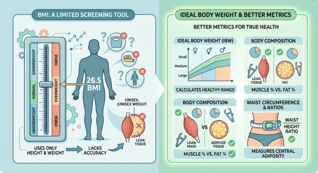 A comparative infographic in a clean digital illustrative style, split into two panels. The left panel, titled "BMI: A LIMITED SCREENING TOOL," shows a silhouette and a generic indicator pointing to the "Overweight" zone of a BMI scale with a calculated number (e.g., 26.5), overlaid with red "X" icons. It explicitly labels that BMI uses only height and weight. The right panel, titled "BETTER METRICS FOR TRUE HEALTH," is subdivided into four clear sections showing an 'Ideal Body Weight' chart based on body frame, diagrams for muscle-to-fat ratios and body composition percentages, and icons for waist circumference measuring central adiposity. The illustrations use clean lines, teals, oranges, and soft greens.