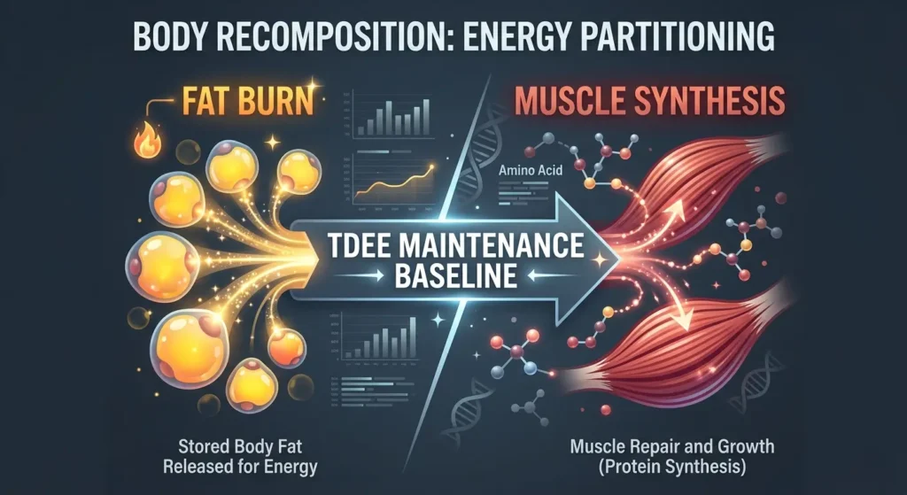 Infographic diagram explaining how the body uses stored fat as energy to build muscle at TDEE maintenance calories.