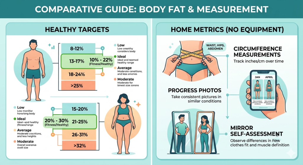 A modern two-panel infographic illustrating body fat percentage and how to measure it at home. The left panel shows illustrative healthy body fat ranges for men and women. The right panel demonstrates how to track progress at home using circumference measurements with a flexible tape, taking consistent progress photos on a smartphone, and mirror self-assessment, emphasizing no equipment other than a mirror and phone. The art style is clean digital vector in teals, light oranges, and greens.