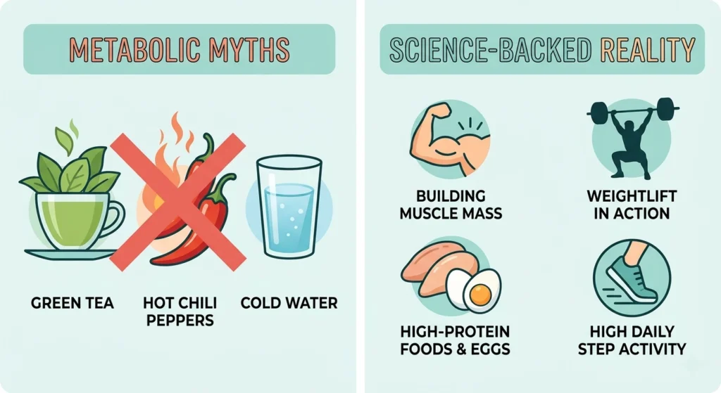 A comparative infographic titled "How to Speed Up Your Metabolism — Myths vs. Science." The left panel, labeled "MYTHS (Minimal Impact)," shows illustrations of chili peppers, green tea, and iced water. The right panel, labeled "SCIENCE-BACKED REALITIES," displays a powerful flexing bicep (building muscle), a balanced plate of chicken and vegetables (high protein foods), and an icon for consistent exercise and movement, indicating these have the largest impact on metabolic rate. The style is modern clean vector art in teals and oranges.