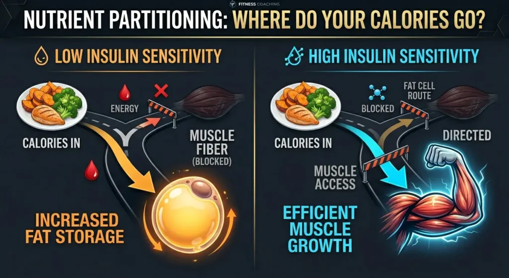 A comparison infographic explaining how starting body fat percentage dictates whether calories are partitioned into fat tissue or muscle synthesis.