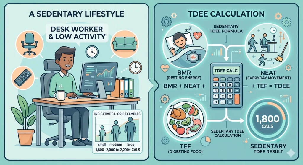 A two-panel infographic explaining calorie needs for low-activity lifestyles. The left panel, titled "A SEDENTARY LIFESTYLE," shows an illustration of a male desk worker at a computer, surrounded by icons of a remote control, office chair, and couch. A small chart at the bottom displays indicative calorie examples across body sizes ranging from 1,800 to 2,200+ CALS. The right panel, titled "TDEE CALCULATION," breaks down the formula using a digital calculator connected to three circles: BMR (resting energy with a person sleeping), NEAT (everyday movement like light cleaning and office walking), and TEF (digesting food with a plate of healthy meals). The combined arrows point to a final "SEDENTARY TDEE RESULT" displaying a daily goal circle with 1,800 CALS. The color theme features clean teals, greens, and soft oranges.