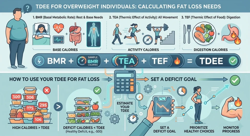 An informative, comprehensive health infographic split horizontally into two sections, titled "TDEE FOR OVERWEIGHT INDIVIDUALS: CALCULATING FAT LOSS NEEDS." The top half outlines the components of total daily energy expenditure: "1. BMR (Basal Metabolic Rate)" represented by a sleeping person, heart rate monitor, and a biological silhouette; "2. TEA (Thermic Effect of Activity)" with icons for walking, running, and lifting weights; and "3. TEF (Thermic Effect of Food)" showing a plate of healthy food and a digesting stomach icon. These elements are arranged into a math equation: BMR + TEA + TEF = TDEE. The bottom half, titled "HOW TO USE YOUR TDEE FOR FAT LOSS," shows a central calculator leading to steps for setting a healthy deficit (contrasting a high stack of takeout containers with a balanced meal prep stack labeled as a -500 calorie deficit), prioritizing healthy choices, and monitoring progress via a tracking app showing a downward trending line. The entire graphic uses clean vector illustration styling in teals, soft blues, and subtle orange accents.