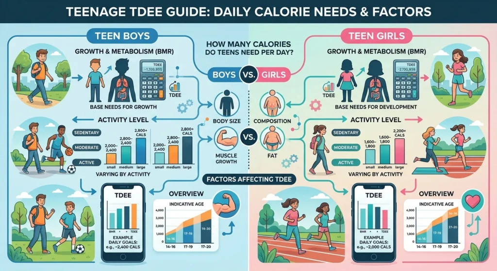 A comparative infographic in a clean digital vector style, titled 'Teenage TDEE Guide: Daily Calorie Needs & Factors,' split into two main sections: 'TEEN BOYS' and 'TEEN GIRLS.' The Teen Boys section uses a blue and orange color scheme, illustrating TDEE factors, indicative age ranges (e.g., 14–19 years), example goals (~2,400 CALS), and activity levels like football, basketball, and walking. A muscle growth bicep icon is included. The Teen Girls section uses a teal and pink color scheme, showing TDEE factors, indicative age ranges, example goals (~2,000 CALS), and activity levels like yoga, running, and walking. A heart icon is included. The illustration provides indicative age and estimated calorie ranges within each panel.