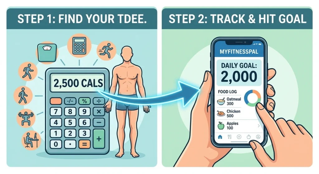 An illustrative guide image showing two steps to track calories accurately. The left side illustrates calculating TDEE (Total Daily Energy Expenditure) with a calculator and icons. A bold arrow connects it to the right side, showing a smartphone with the MyFitnessPal app interface and a food log. The illustration uses clean vector graphics and a color scheme of teals and oranges.