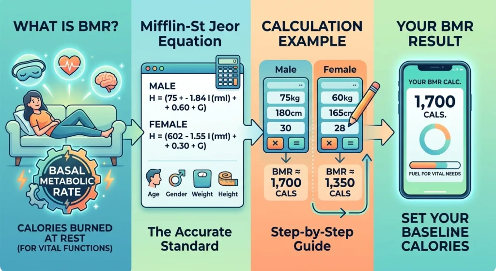 A four-panel infographic illustration in a clean vector style. From left: an illustrative panel with a person resting on a couch explaining 'What is BMR?' and vital functions; a panel detailing the Mifflin-St Jeor equation for male and female; a calculation example panel showing inputs for a male (75kg, 180cm, 30) and female (60kg, 165cm, 28) and the resulting BMR values; and a final panel showing a phone app interface titled 'Your BMR Result' with '1,700 CALS' displayed, encouraging setting baseline calories. The infographic uses a modern teal, orange, and blue color palette.