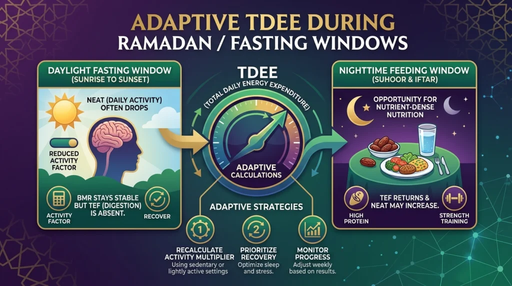 A colorful infographic showing a modern health app dashboard with data visualizations and key terms like 'ADAPTIVE TDEE' and 'FASTING WINDOWS', designed for a WordPress featured image.