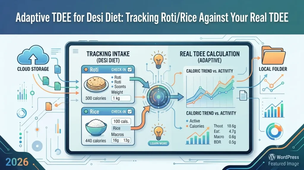A modern infographic illustration featuring a detailed dashboard with two main zones: 'TRACKING INTAKE (DESI DIET)' on the left and 'REAL TDEE CALCULATION (ADAPTIVE)' on the right.