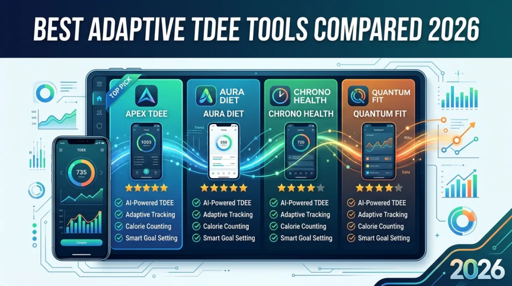 A high-quality digital illustration of a split-screen dashboard comparing four generic branded adaptive TDEE tools, featuring app interface mockups, star ratings, and checklists. Designed as a professional WordPress featured image.
