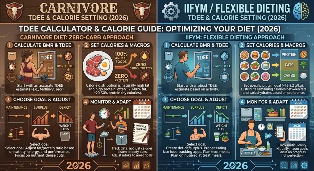 A detailed infographic in a YouTube thumbnail style, featuring a dark background with glowing neon green and blue circuit patterns and the Gemini logo at the center. The left side features a "Carnivore (Zero-Carb)" section displaying cuts of beef, fish, eggs, and butter, paired with a digital screen reading "Estimate Protein & Fat" and an "Adjusted TDEE" speedometer gauge pointing to "High-Fat, No Carbs." The right side features an "IIFYM (Flexible Dieting)" section displaying chicken breast, rice, broccoli, and a pizza slice, paired with a "Set Macros: C/P/F" slider screen and an "Adjusted TDEE" gauge labeled "Varied & Balanced." Both sides are interconnected with digital data streams and graphs labeled "2026."