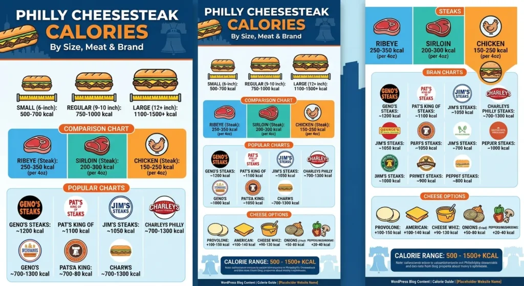 Philly Cheesesteak calories chart comparing calorie counts for different sizes, meats, brands like Geno's and Pat's, and popular cheese options.