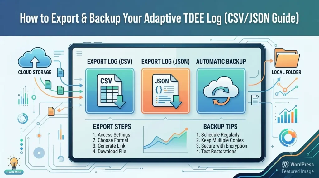 A modern, infographic-style illustration of a tablet displaying three large, interactive buttons: [EXPORT LOG (CSV)], [EXPORT LOG (JSON)], and [AUTOMATIC BACKUP].