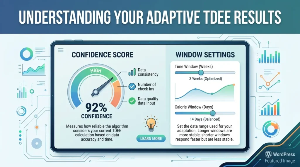 A clean, modern infographic illustration of a tablet screen split into two sections: 'CONFIDENCE SCORE' on the left and 'WINDOW SETTINGS' on the right. Features include a gauge, explanatory text, and interactive sliders.