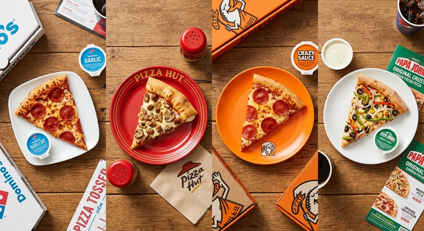 Slices from popular chains laid out together for a fair side-by-side look