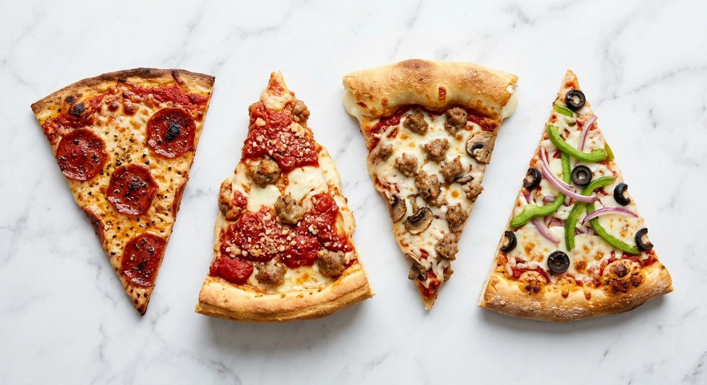 Four crust styles lined up, showing just how much thickness varies slice to slice