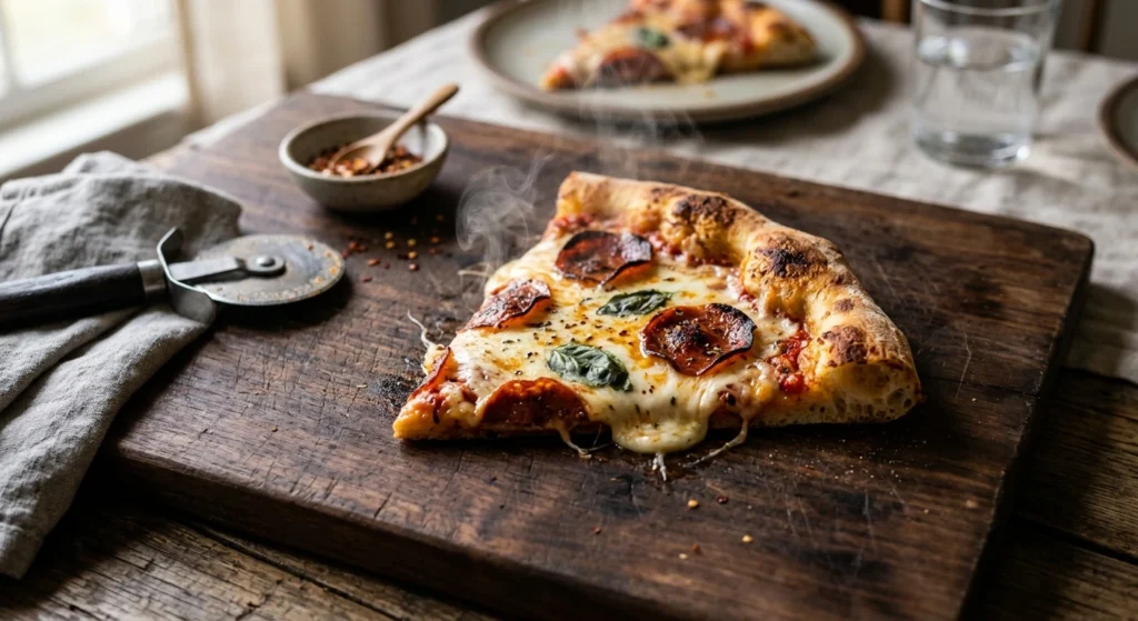 A cheesy pizza slice fresh out of the oven, the star of today's calorie breakdown