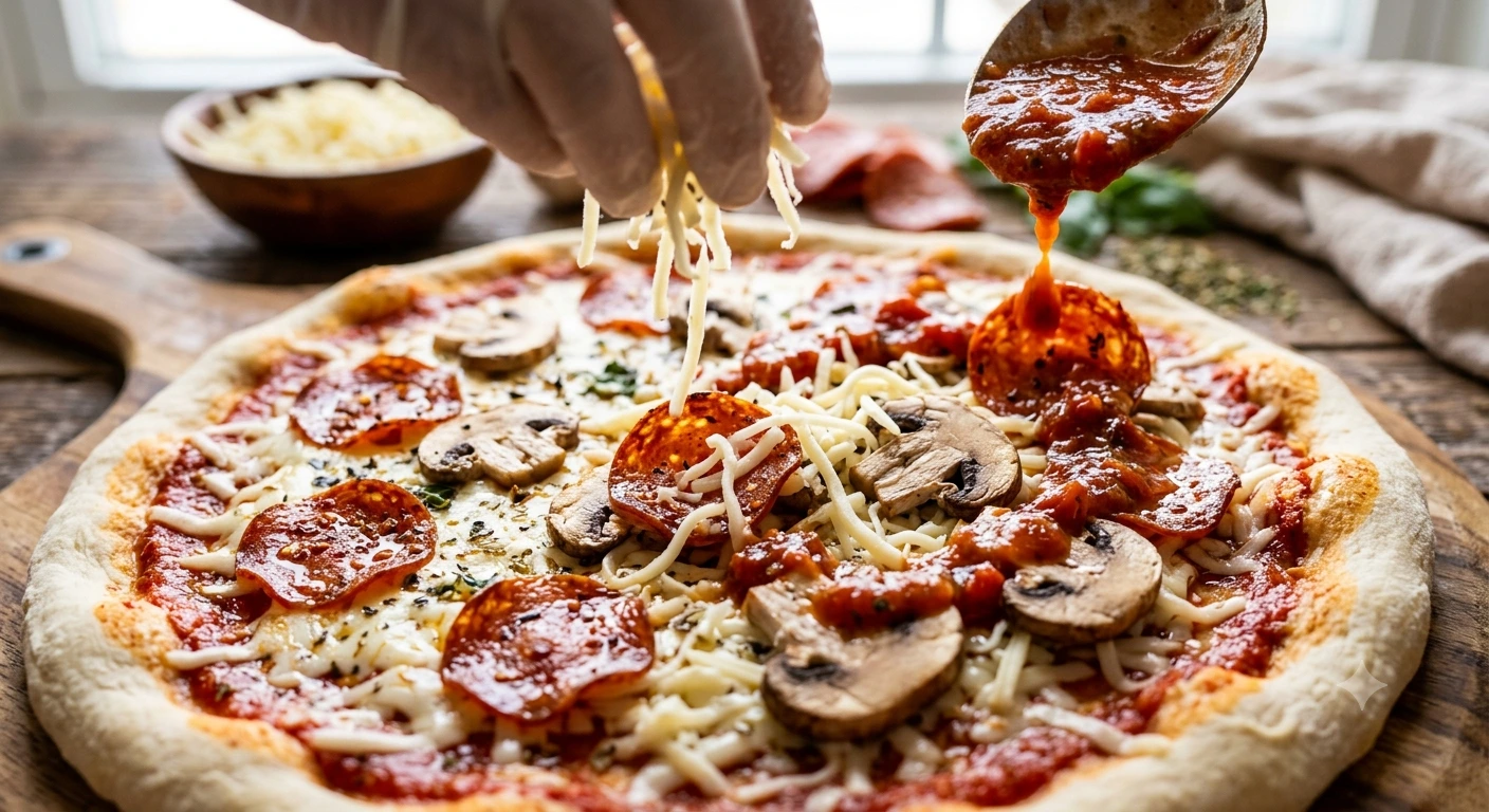 Toppings going on one by one, each adding its own calorie weight to the slice