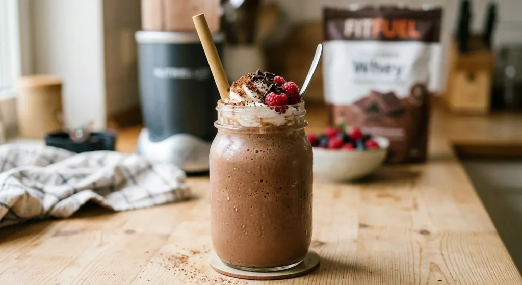 A real, appetizing photograph of a thick chocolate protein shake in a mason jar on a kitchen counter. The shake is topped with whipped cream, cocoa powder, and fresh raspberries. A wooden straw is in the glass. In the background, there is a blender and a bag of "FITFUEL Whey" protein powder.