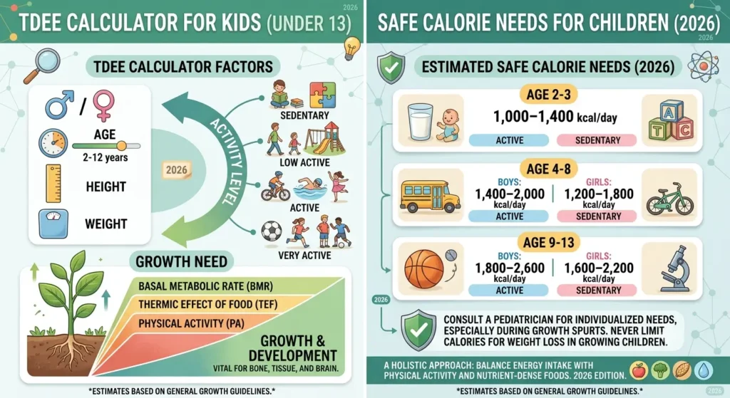 A child-focused digital infographic dashboard with a tech-themed circuit background and a prominent colorful Gemini logo. The left panel is titled "Nutrition Basics" and shows food icons for "Growth & Energy" (grain bowl, fish, meat) and "Vitamins & Minerals" (fruits and vegetables) alongside circular percentage charts. The center panel displays a "Safe Calorie Range" calculator interface for ages 3-12, with input sliders for height and weight, an activity level selector (Sedentary, Moderately Active, Very Active), and a large rainbow-colored speedometer gauge reading "1200-2000 kcal Estimated Daily Energy Needs." The right panel is titled "Growth & Health Monitor" and features cartoon illustrations of children playing sports and happily eating balanced meals.