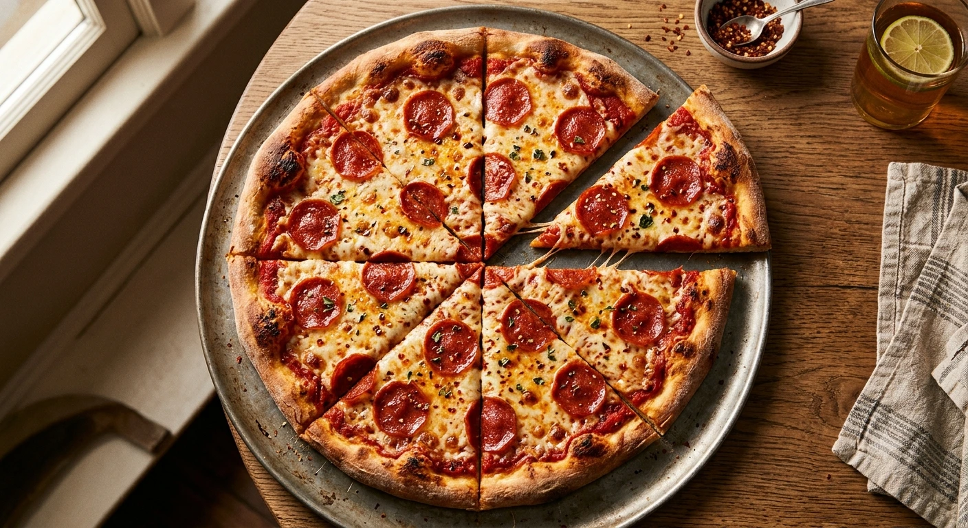 A full 8-slice pizza laid out to show how totals stack up per size