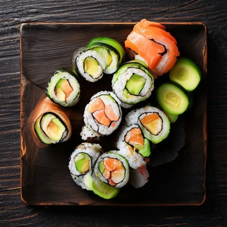 California roll sushi pieces showing imitation crab, avocado, and cucumber filling