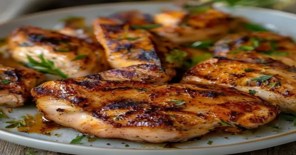 Grilled boneless skinless chicken thighs with fresh herbs on a plate
