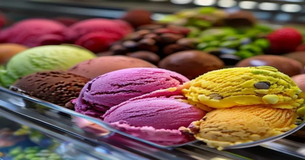 Colorful gelato flavors displayed in a gelato case, chocolate and fruit varieties
