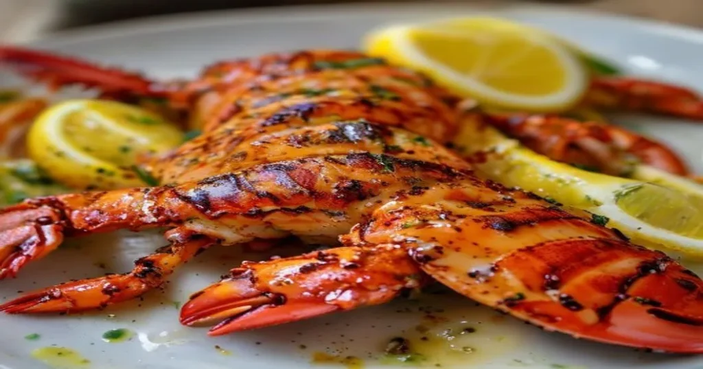 Grilled lobster tail with melted butter and lemon on a plate