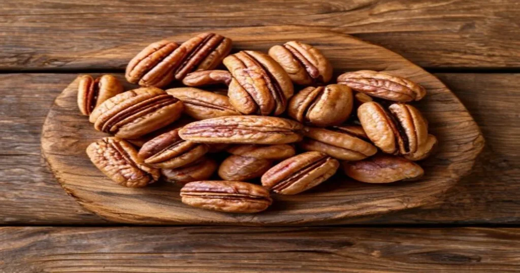 Handful of raw pecan halves on a wooden surface