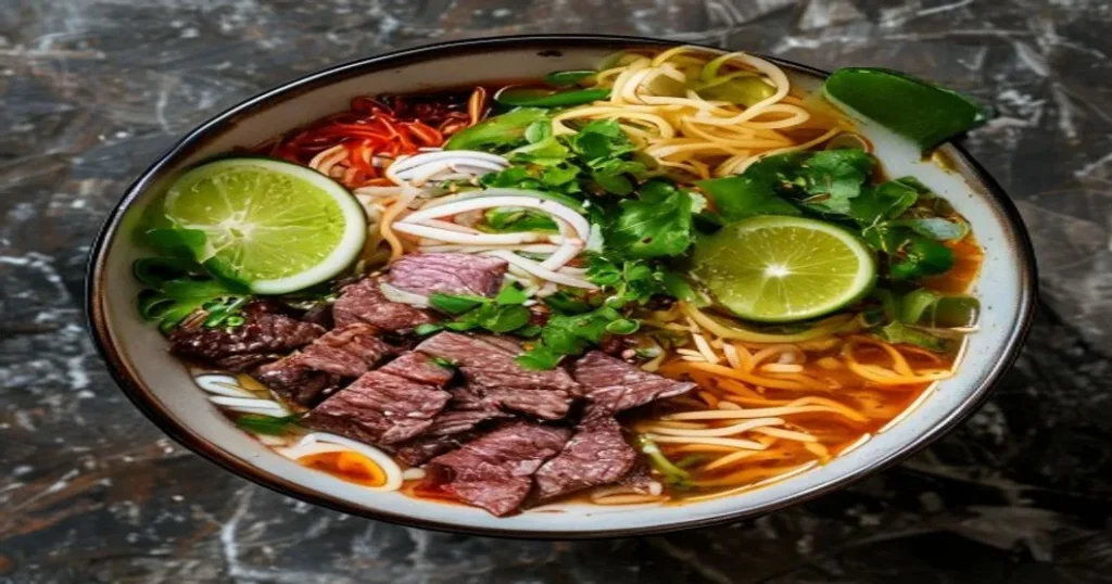 Bowl of Vietnamese beef pho with rice noodles, herbs, and lime