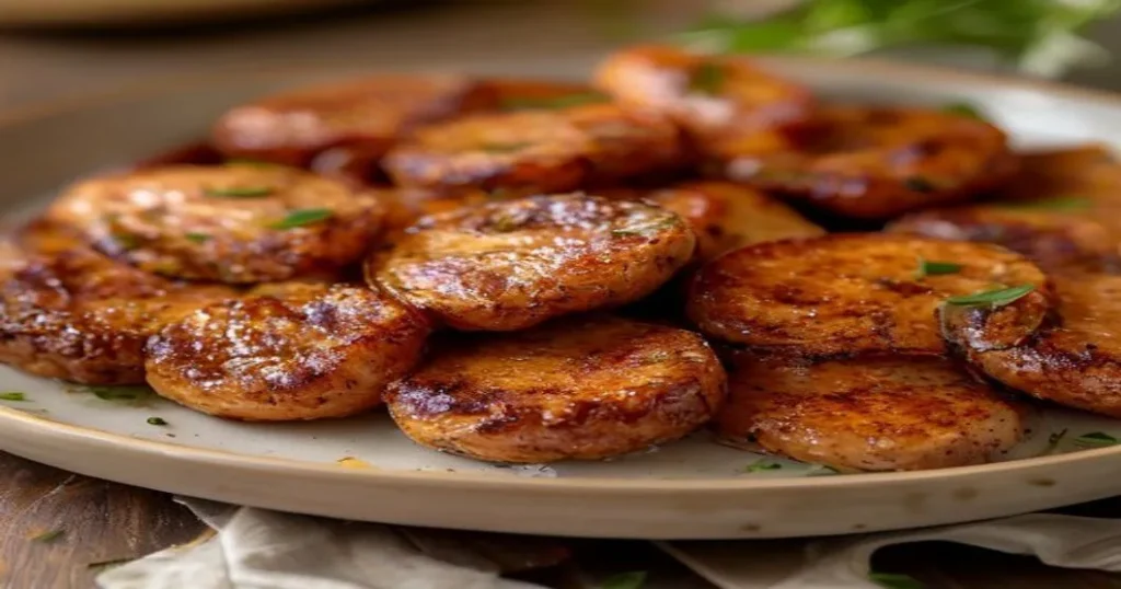 Golden brown breakfast sausage patties on a plate